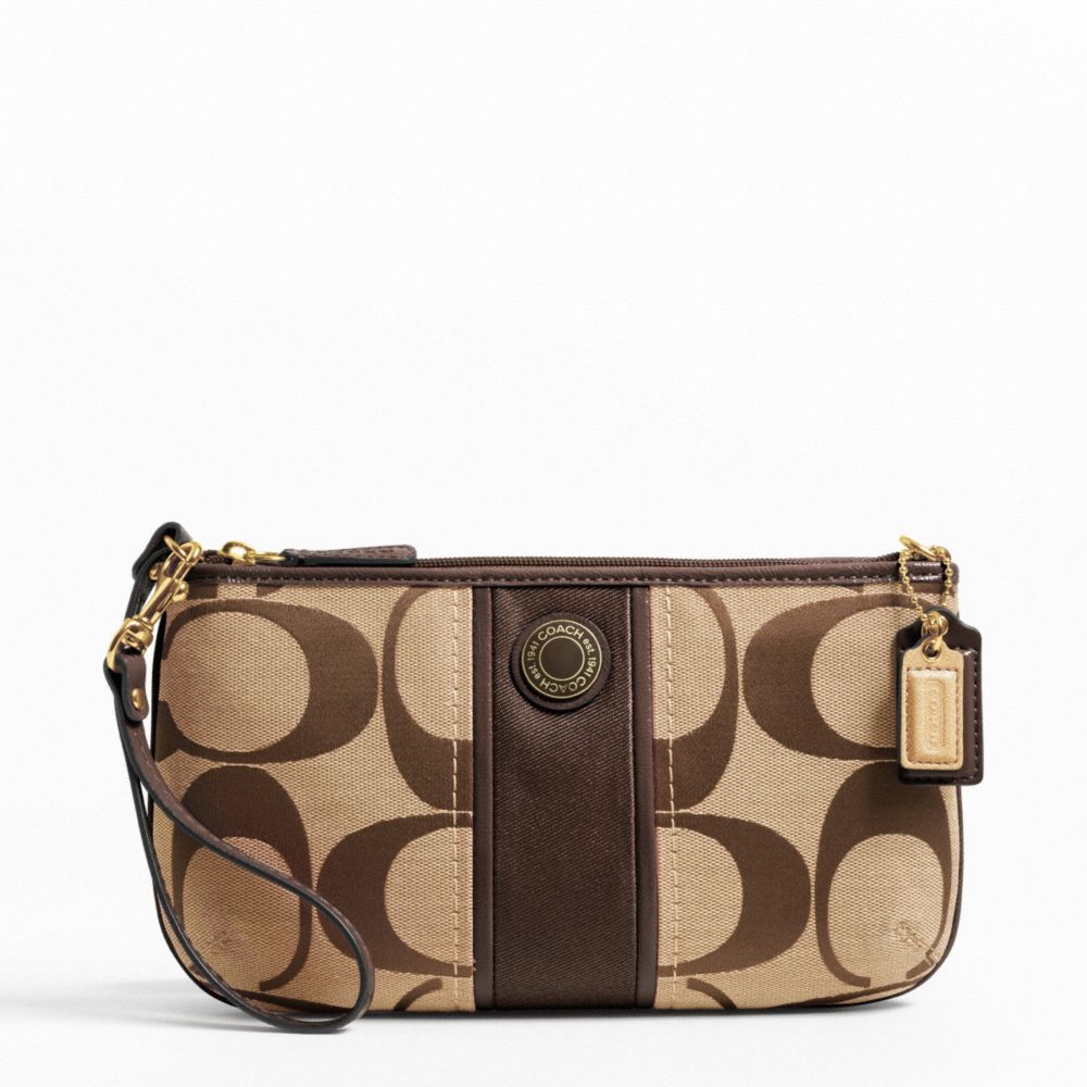 SIGNATURE STRIPE LARGE WRISTLET - f49518 - BRASS/KHAKI/MAHOGANY