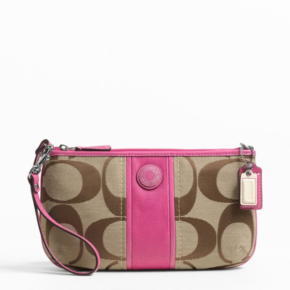 SIGNATURE STRIPE LARGE WRISTLET - SILVER/KHAKI/MULBERRY - COACH F49518