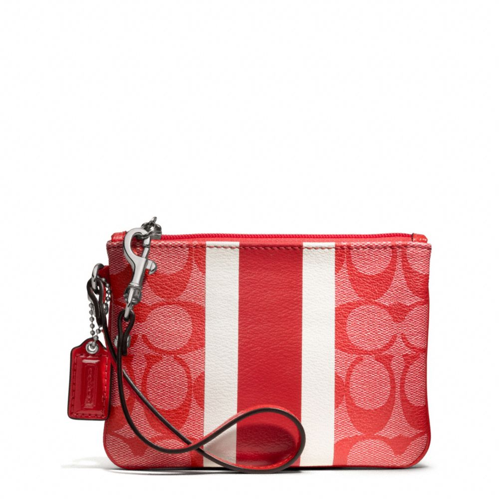 COACH F49522 SIGNATURE STRIPE PVC STRIPE SMALL WRISTLET SILVER/VERMILLION/VERMILLION