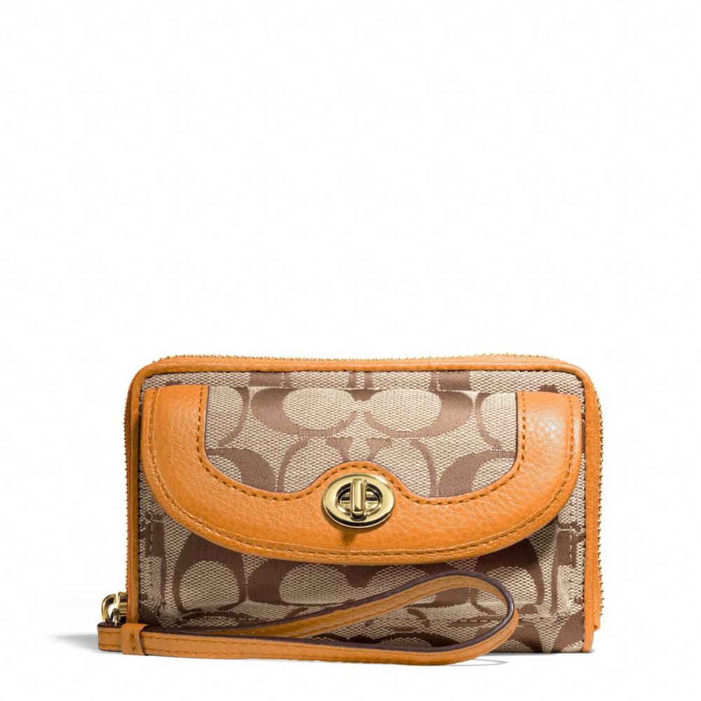 COACH F49550 PARK SIGNATURE UNIVERSAL ZIP WALLET BRASS/KHAKI/ORANGE-SPICE