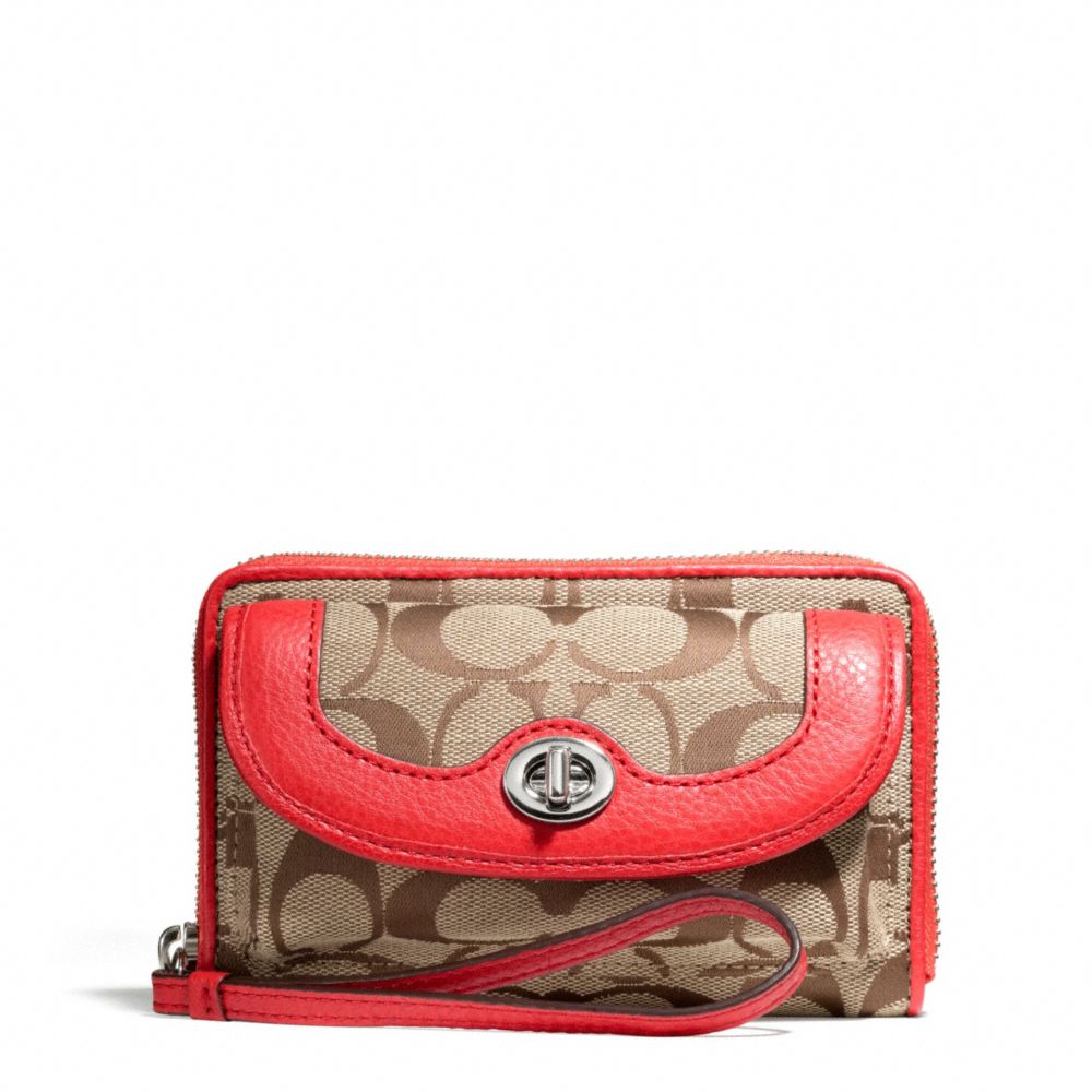 COACH f49550 PARK SIGNATURE UNIVERSAL ZIP WALLET SILVER/KHAKI/VERMILLION