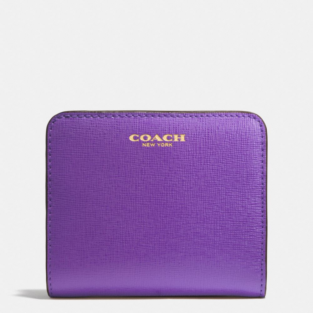 COACH f49671 SAFFIANO LEATHER SMALL WALLET LIGHT GOLD/PURPLE IRIS