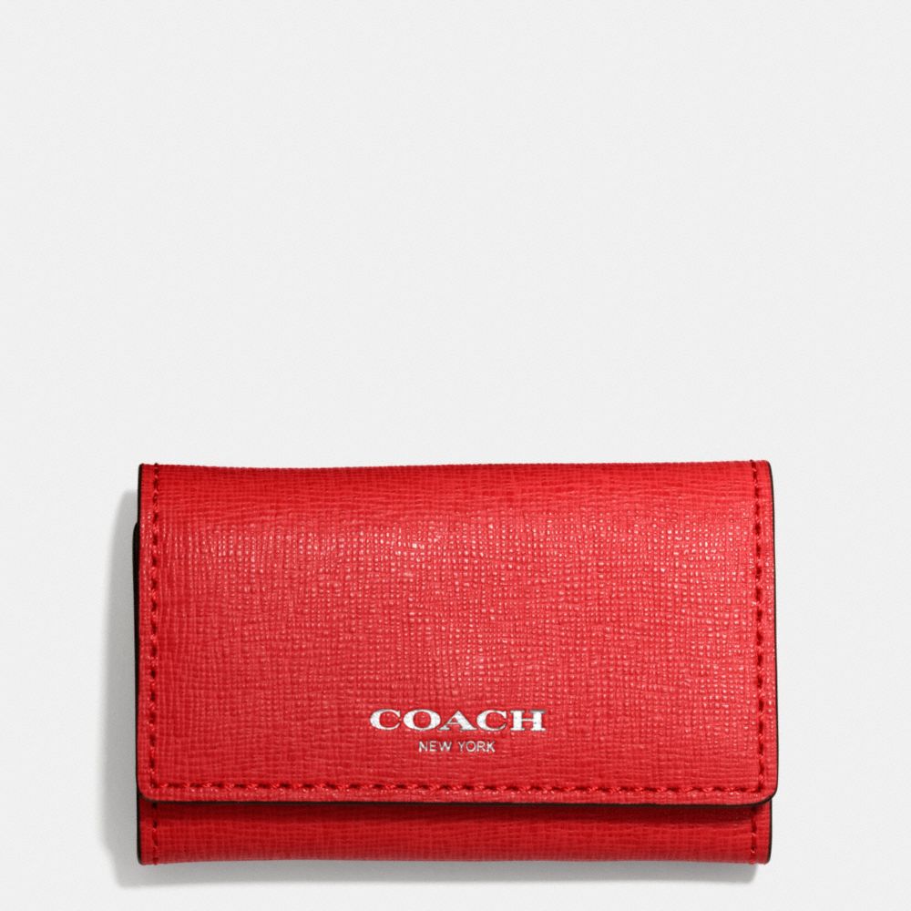 COACH SAFFIANO LEATHER 6 RING KEY CASE - SILVER/VERMILLION - f49745