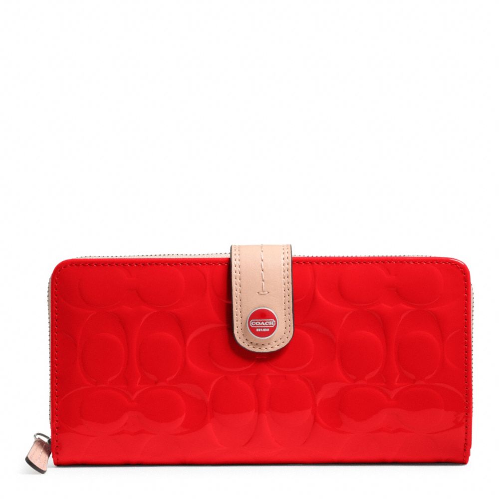 COACH F49825 SIGNATURE STRIPE EMBOSSED PATENT ACCORDION ZIP WITH TAB SILVER/VERMILLION/TAN