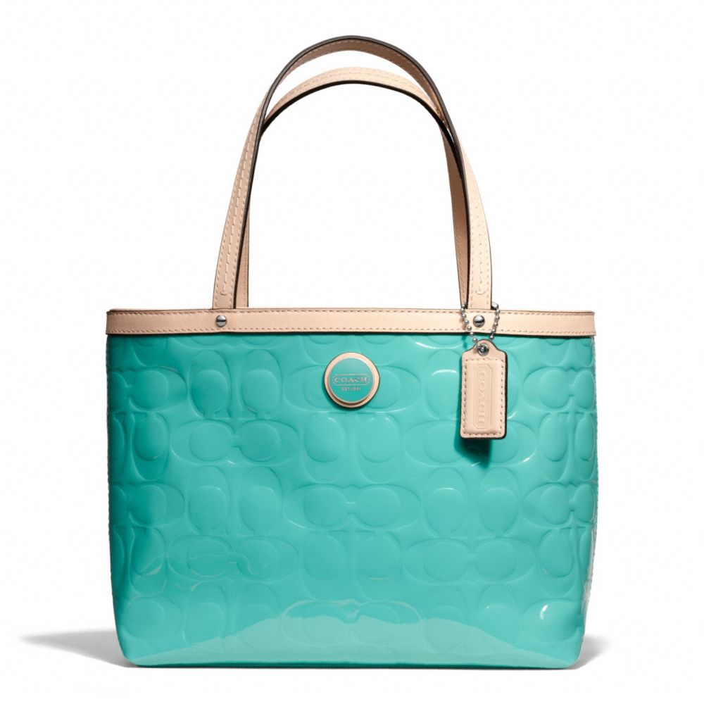 COACH F49826 SIGNATURE STRIPE EMBOSSED PATENT TOP HANDLE TOTE -SILVER/JEWEL-GREEN/TAN