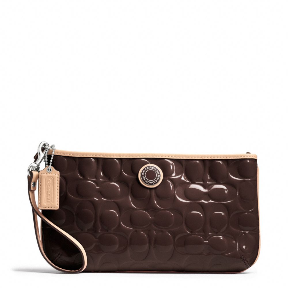 SIGNATURE STRIPE EMBOSSED PATENT LARGE WRISTLET - SILVER/BROWN/TAN - COACH F49827