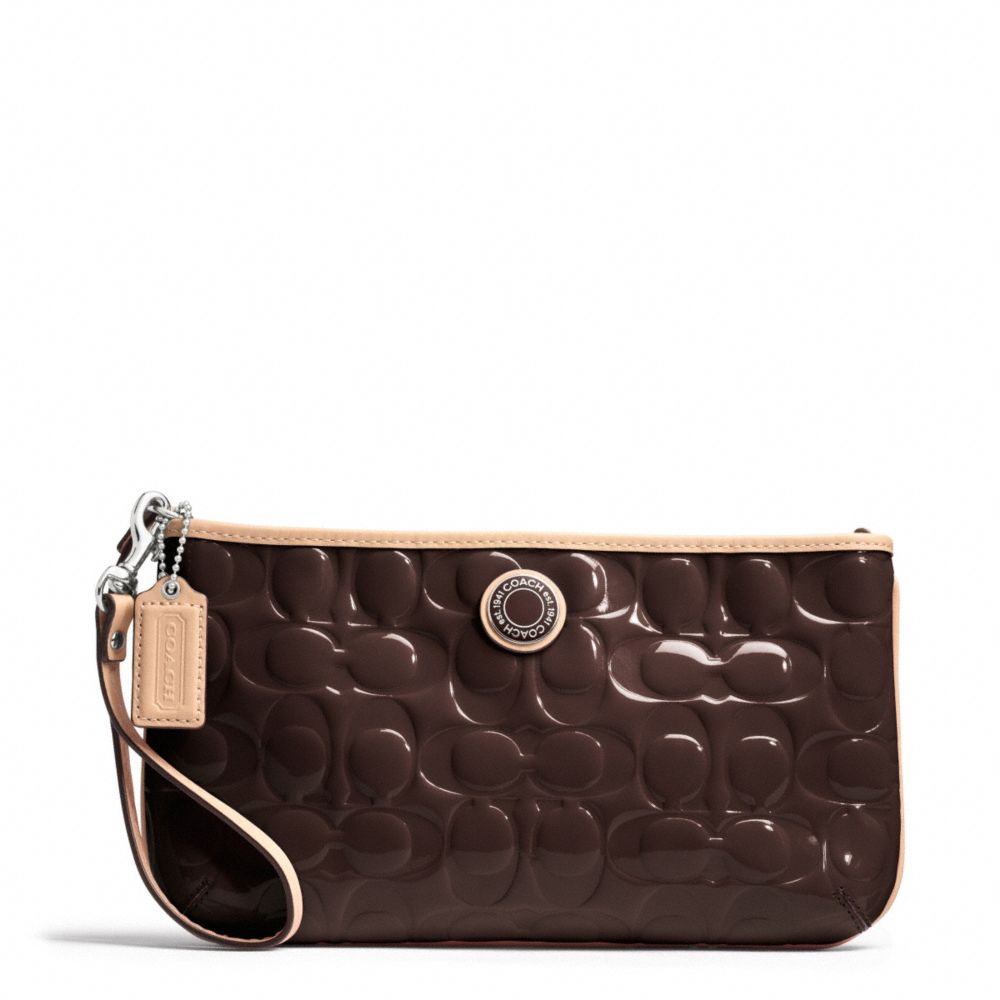 COACH F49827 Signature Stripe Embossed Patent Large Wristlet SILVER/BROWN/TAN