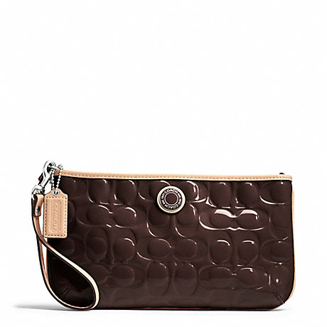 COACH F49827 SIGNATURE STRIPE EMBOSSED PATENT LARGE WRISTLET SILVER/BROWN/TAN