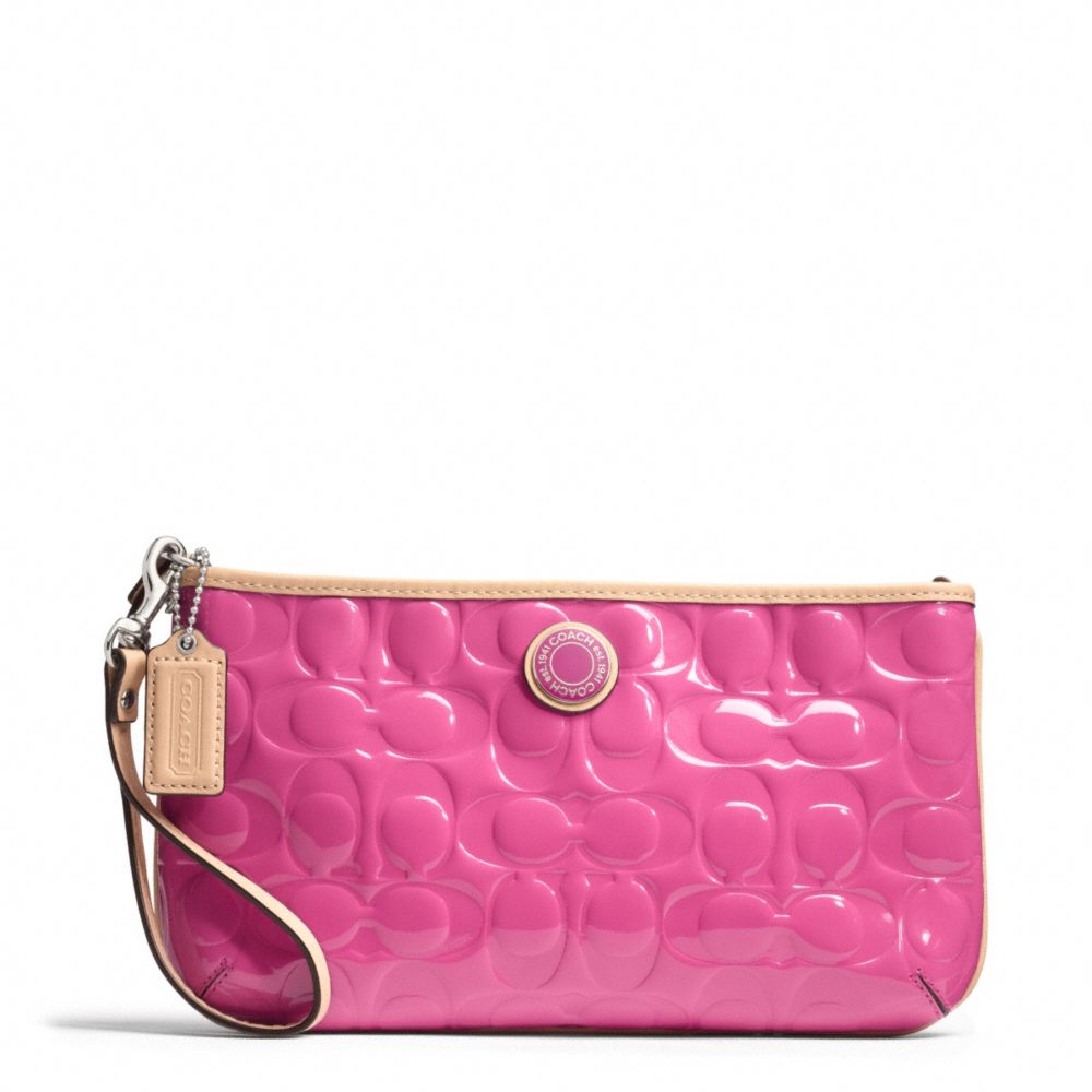 SIGNATURE STRIPE EMBOSSED PATENT LARGE WRISTLET COACH F49827