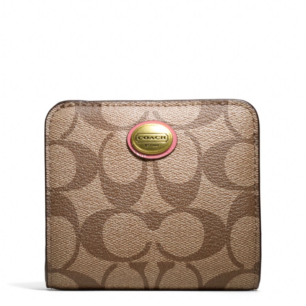 COACH PEYTON SIGNATURE SMALL WALLET - BRASS/KHAKI/CORAL - f49859