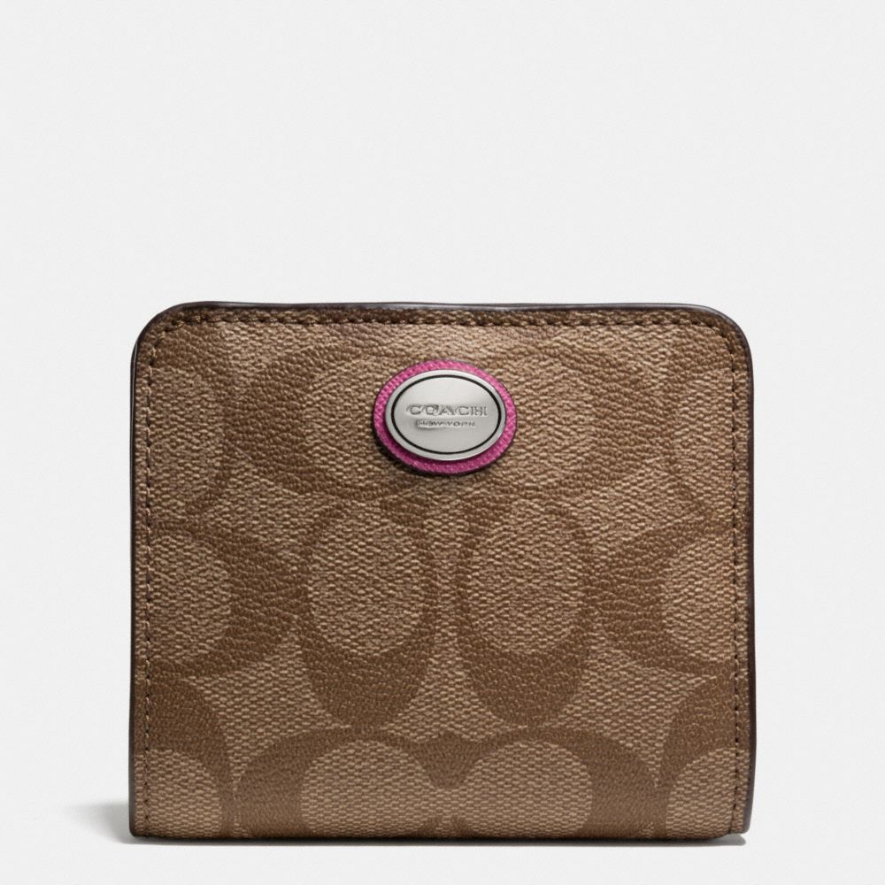 COACH PEYTON SIGNATURE SMALL WALLET - SILVER/KHAKI/FUCHSIA - f49859