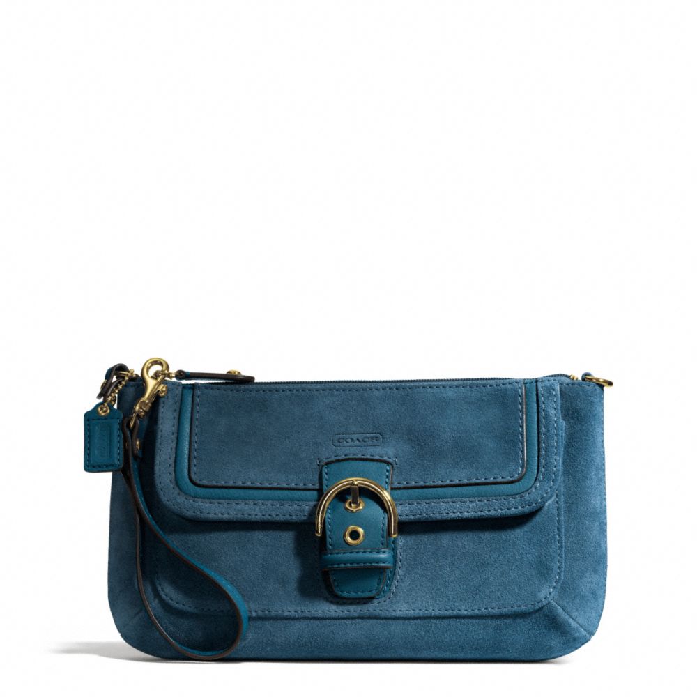 COACH f49886 CAMPBELL SUEDE BUCKLE CLUTCH BRASS/TEAL