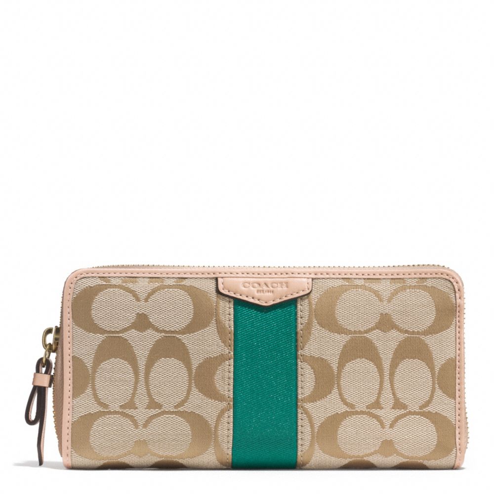 COACH SIGNATURE STRIPE ACCORDION ZIP WALLET - BRASS/KHAKI/EMERALD - f49892