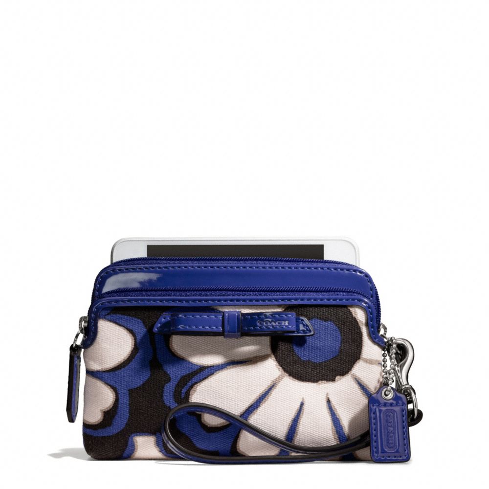 COACH f49932 POPPY FLORAL SCARF PRINT DOUBLE ZIP WRISTLET SILVER/BLUE/BLACK