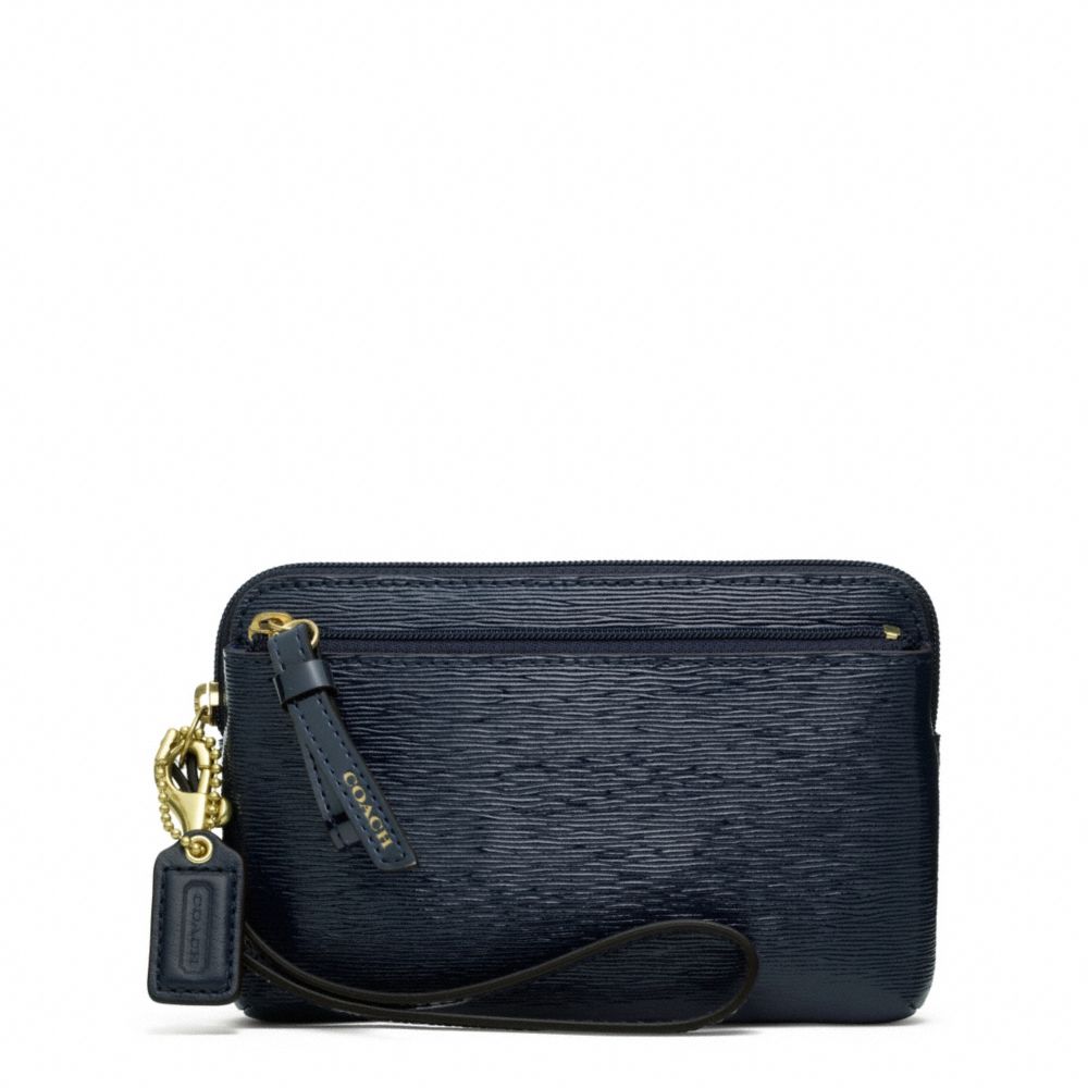 COACH f49937 POPPY TEXTURED PATENT DOUBLE ZIP WRISTLET BRASS/NAVY