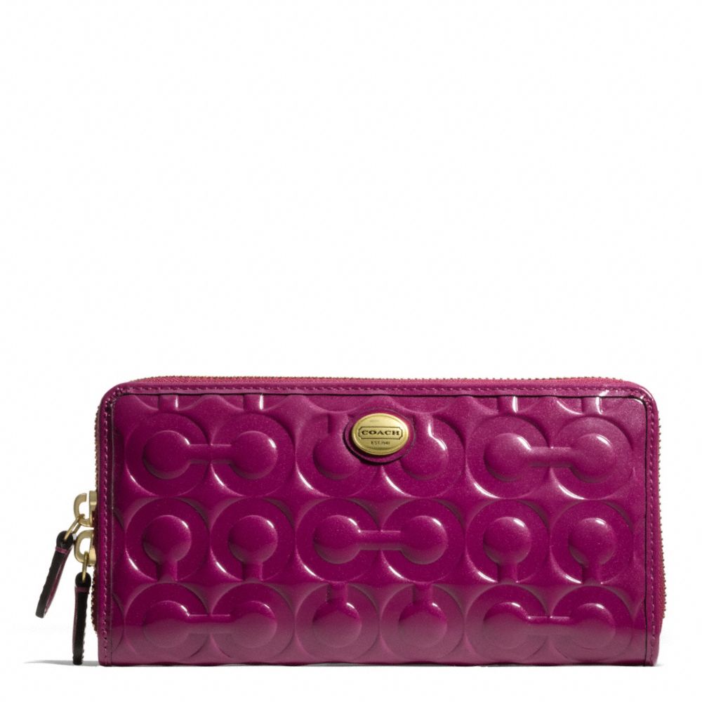 COACH f49962 PEYTON OP ART EMBOSSED PATENT ACCORDION ZIP BRASS/PASSION BERRY