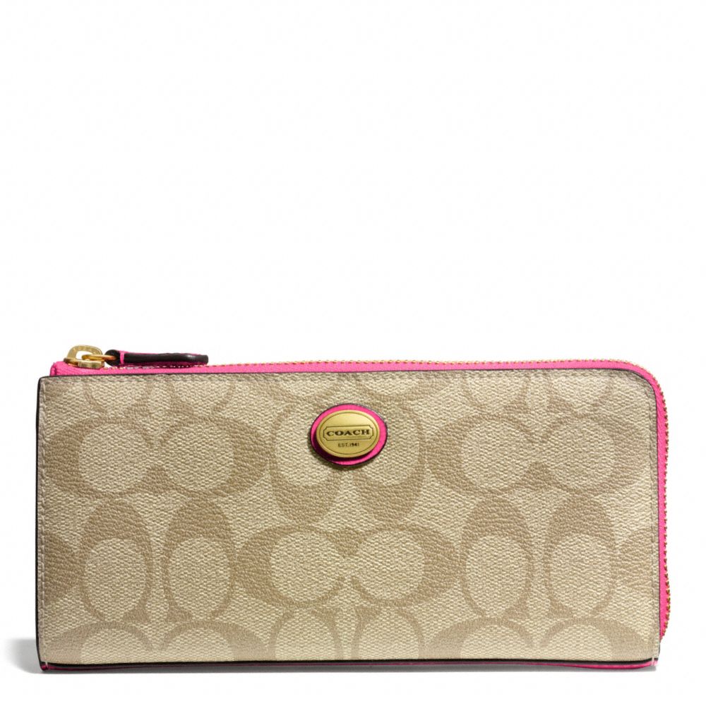 COACH F49964 - PEYTON SLIM ZIP IN SIGNATURE FABRIC BRASS/LT KHAKI/POMEGRANATE