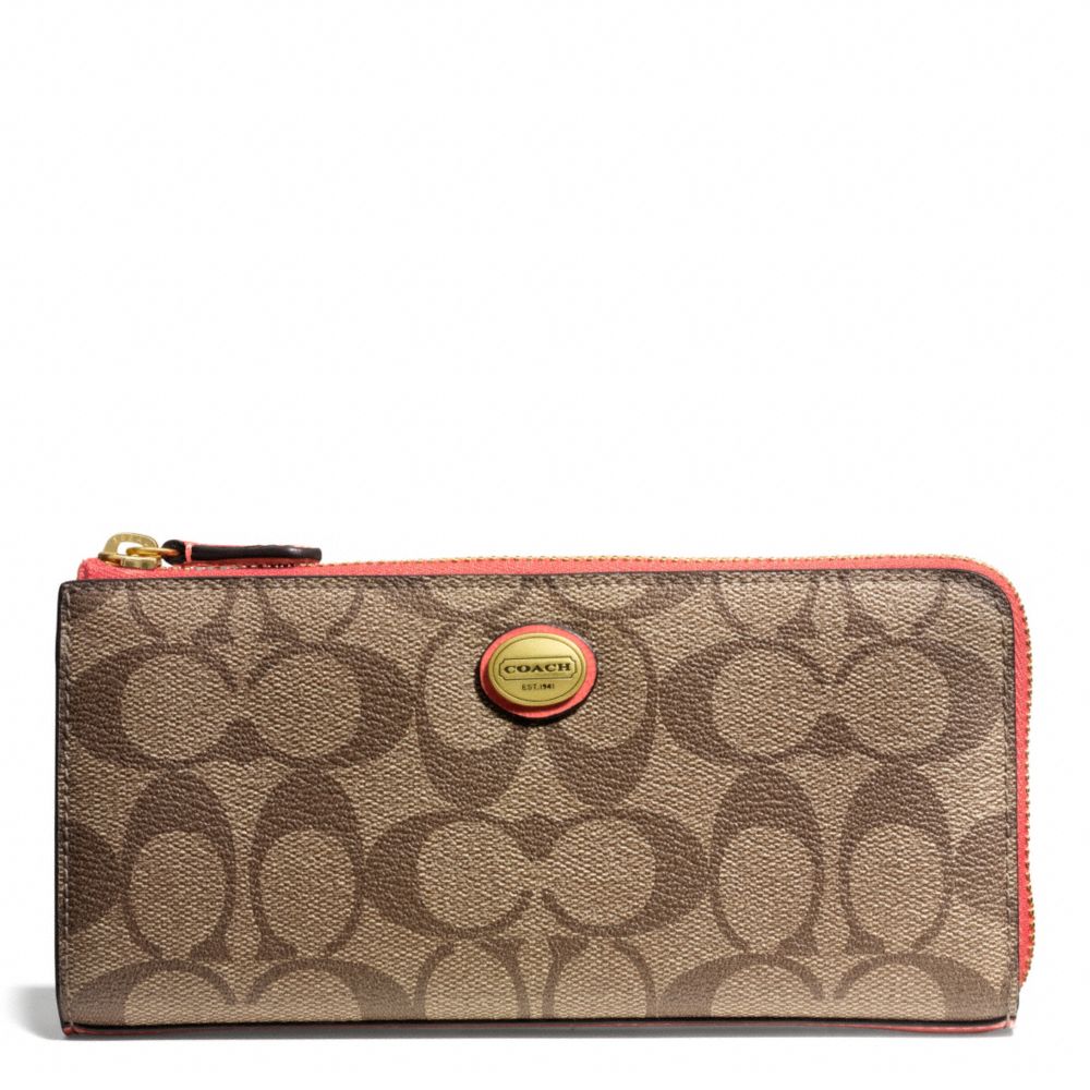 COACH F49964 PEYTON SIGNATURE SLIM ZIP BRASS/KHAKI/CORAL