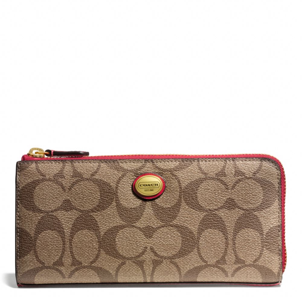 COACH f49964 PEYTON SIGNATURE SLIM ZIP BRASS/KHAKI/RED