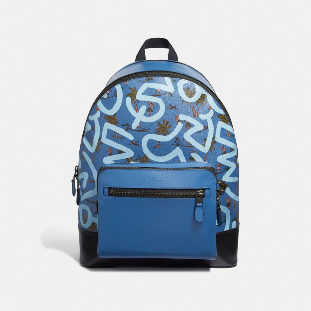 COACH F50056 KEITH HARING WEST BACKPACK WITH HULA DANCE PRINT SKY-BLUE-MULTI/BLACK-ANTIQUE-NICKEL