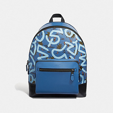 COACH F50056 KEITH HARING WEST BACKPACK WITH HULA DANCE PRINT SKY-BLUE-MULTI/BLACK-ANTIQUE-NICKEL