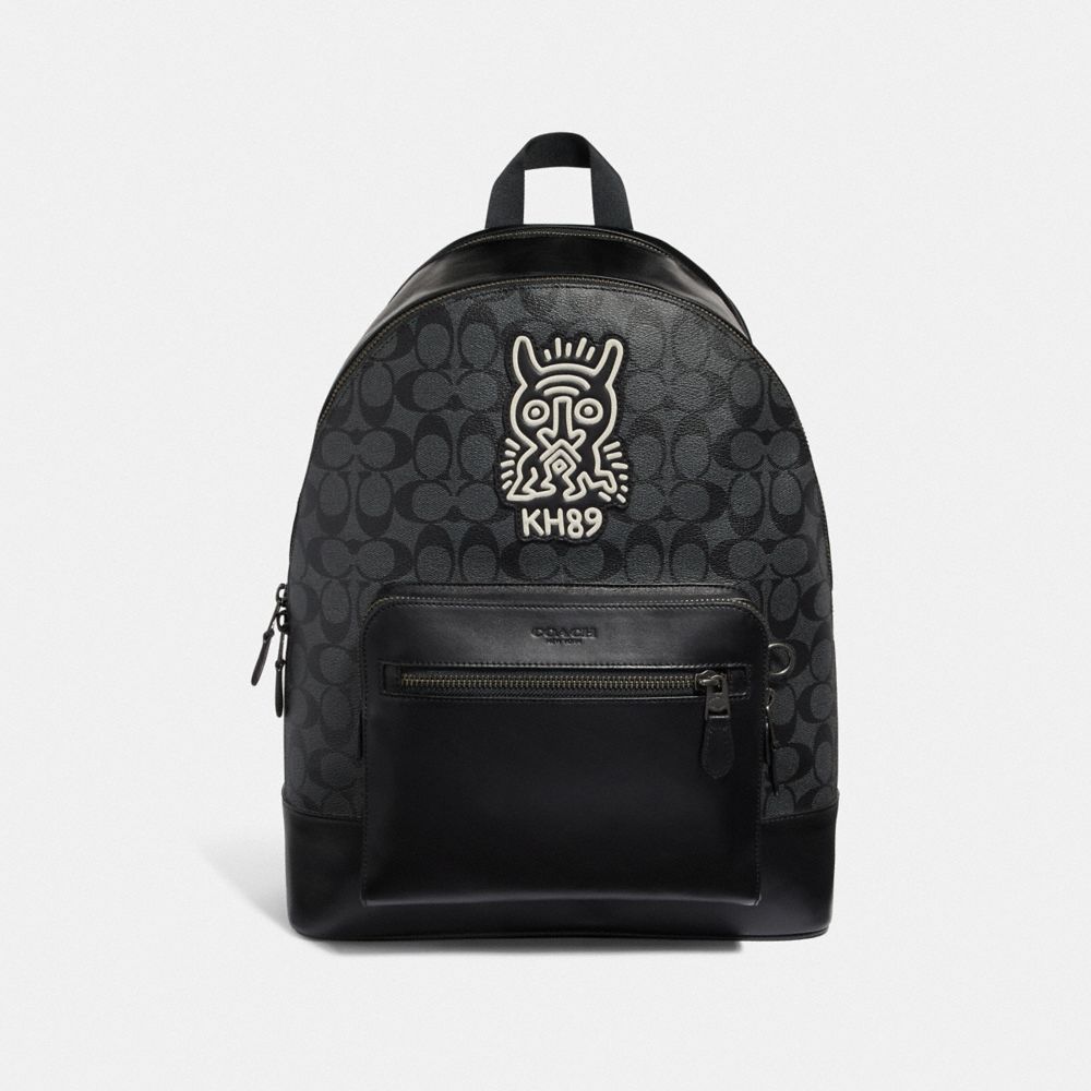 KEITH HARING WEST BACKPACK IN SIGNATURE CANVAS WITH MOTIF - F50057 - CHARCOAL/BLACK/BLACK ANTIQUE NICKEL