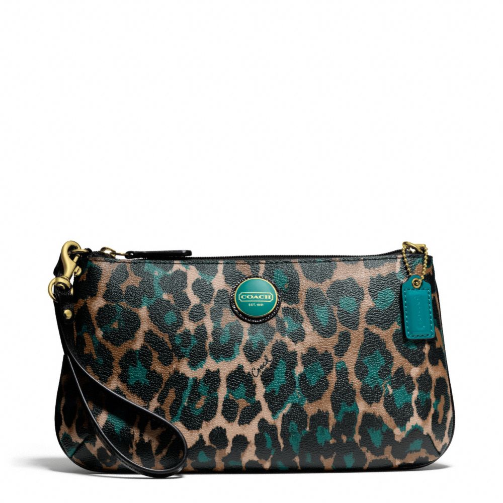 COACH f50066 SIGNATURE STRIPE OCELOT PRINT LARGE WRISTLET BRASS/JADE MULTICOLOR