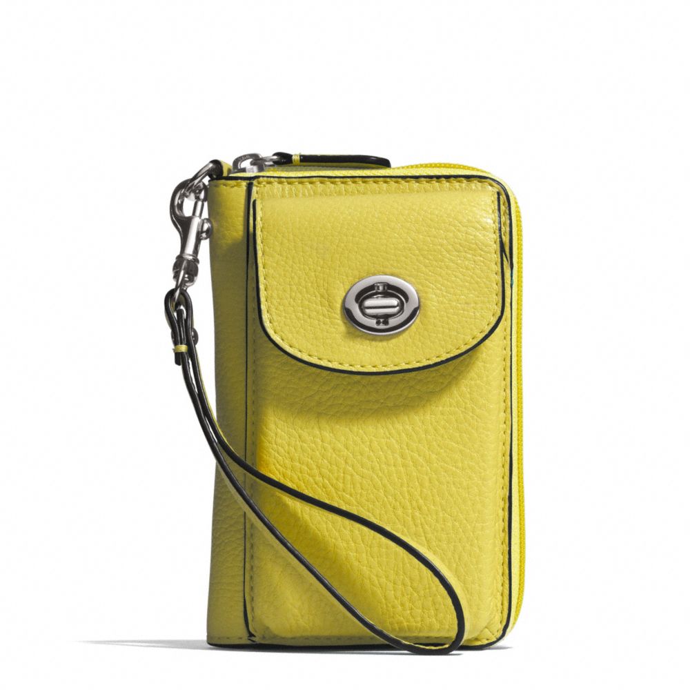 COACH f50070 CAMPBELL LEATHER UNIVERSAL ZIP WALLET SILVER/CHARTREUSE