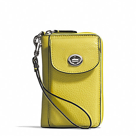 COACH F50070 CAMPBELL LEATHER UNIVERSAL ZIP WALLET SILVER/CHARTREUSE