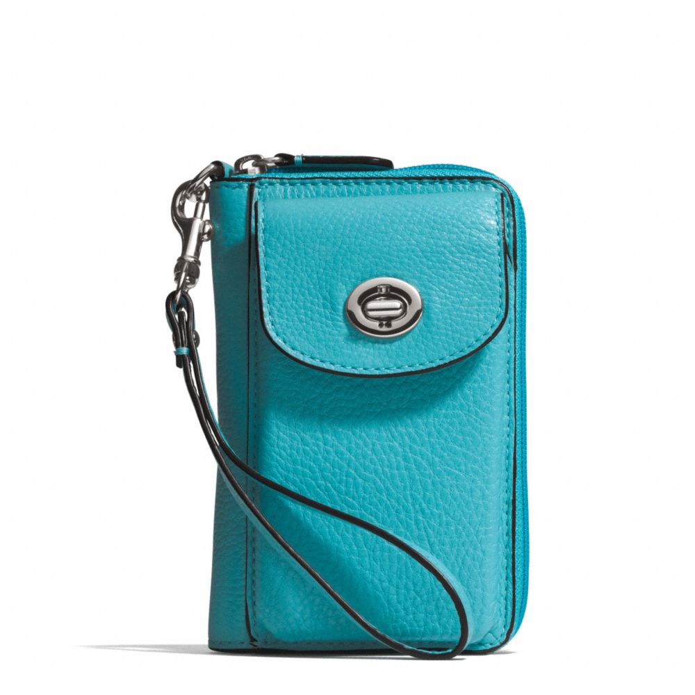 COACH F50070 - CAMPBELL LEATHER UNIVERSAL ZIP WALLET SILVER/TURQUOISE