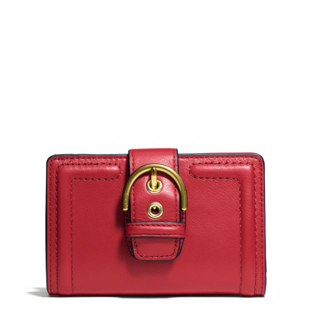 COACH f50090 CAMPBELL LEATHER BUCKLE MEDIUM WALLET BRASS/CORAL RED