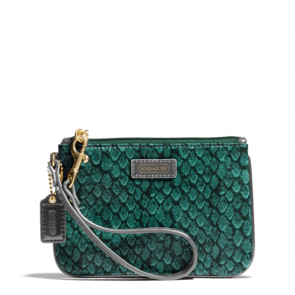 COACH F50146 Taylor Snake Print Small Wristlet BRASS/EMERALD
