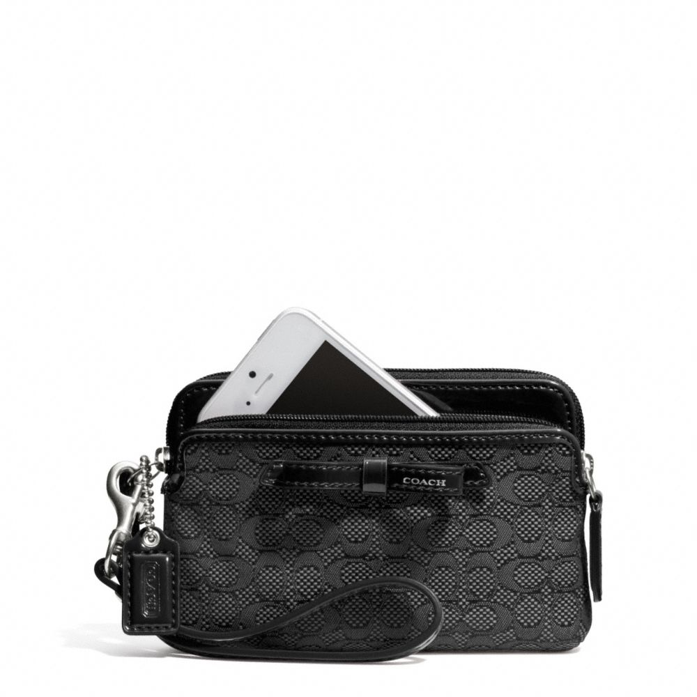 COACH F50165 Poppy Signature C Mini Oxford Double Zip Wristlet SILVER/BLACK/BLACK