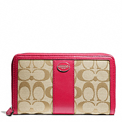 COACH SIGNATURE CONTINENTAL ZIP WALLET - SILVER/LT KHAKI/PINK SCARLET - F50194