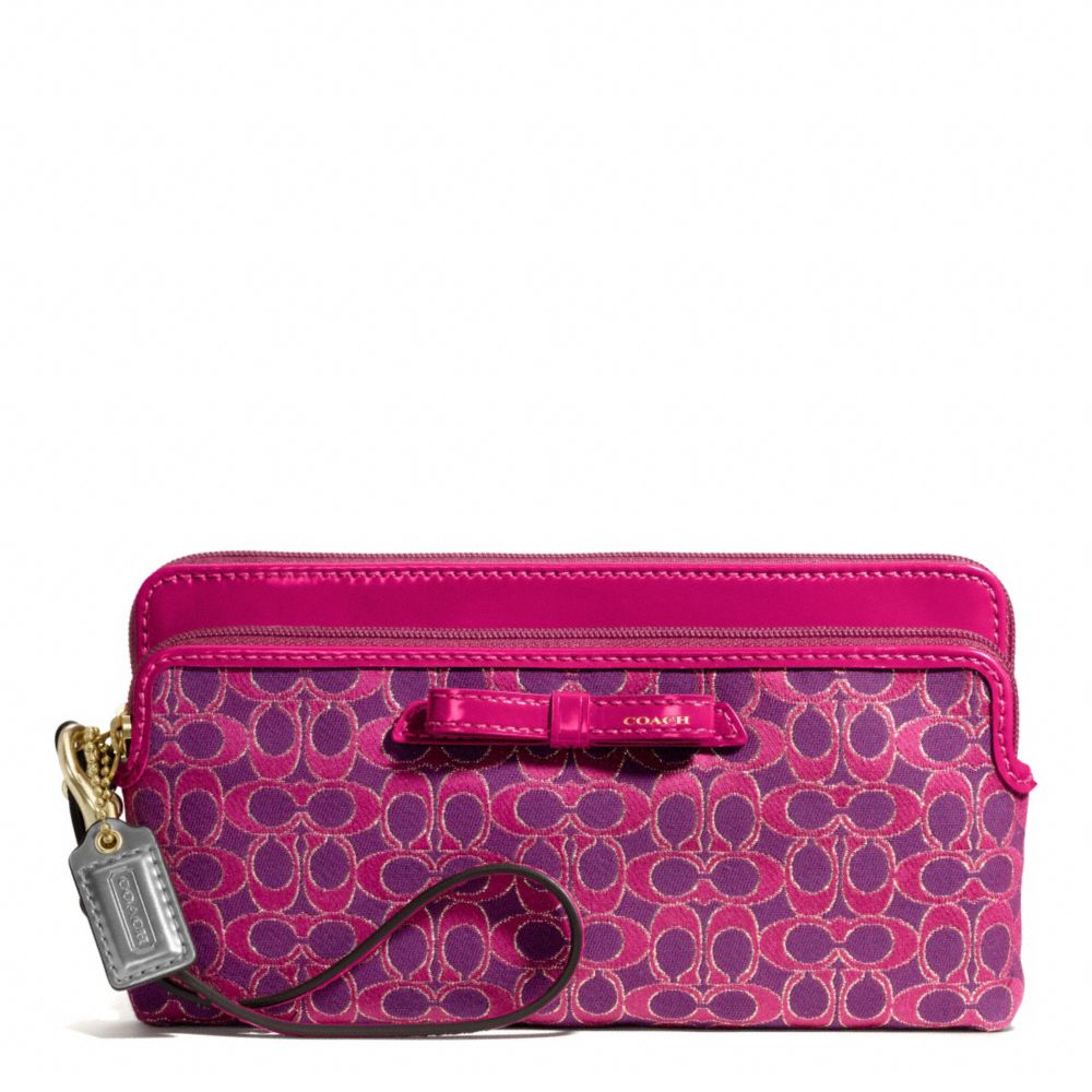 COACH f50282 POPPY SIGNATURE METALLIC OUTLINE DOUBLE ZIP WALLET BRASS/MAGENTA/MAGENTA