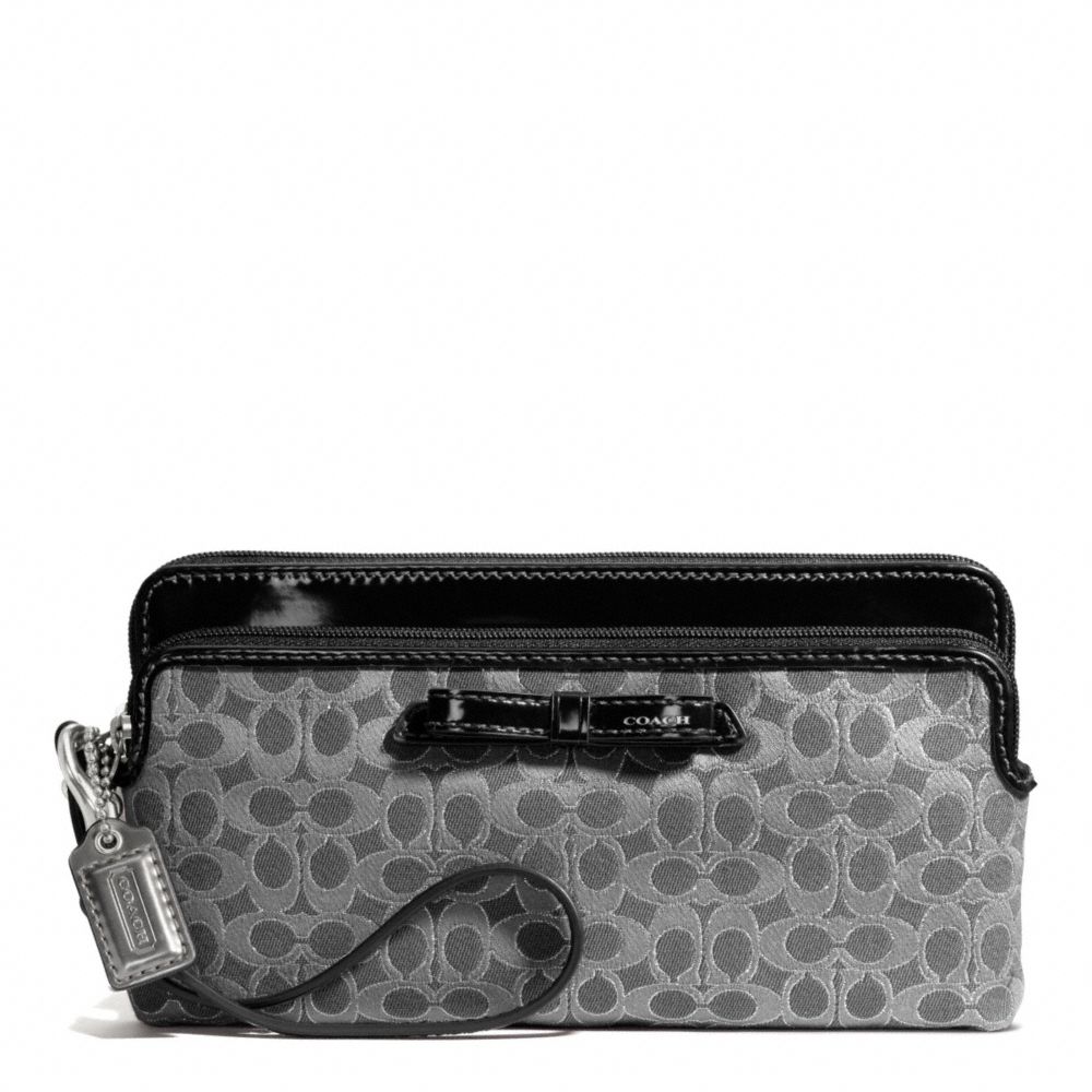 COACH F50282 - POPPY SIGNATURE METALLIC OUTLINE DOUBLE ZIP WALLET SILVER/CHARCOAL/CHARCOAL