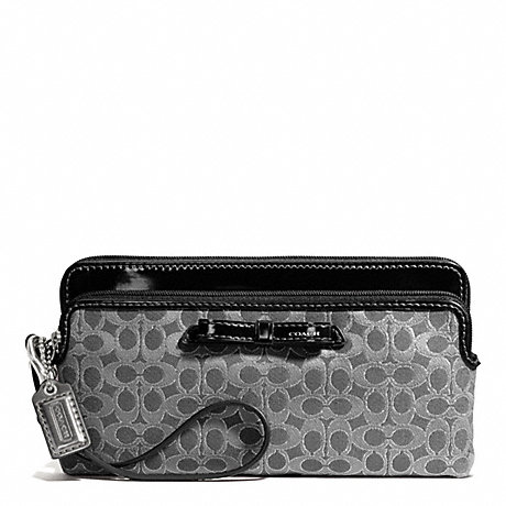 COACH F50282 POPPY SIGNATURE METALLIC OUTLINE DOUBLE ZIP WALLET SILVER/CHARCOAL/CHARCOAL