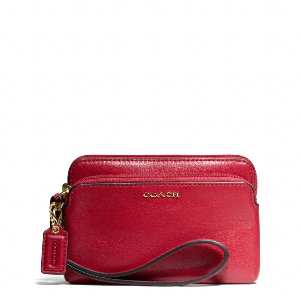 COACH F50310 Madison Leather Double Zip Wristlet LIGHT GOLD/SCARLET