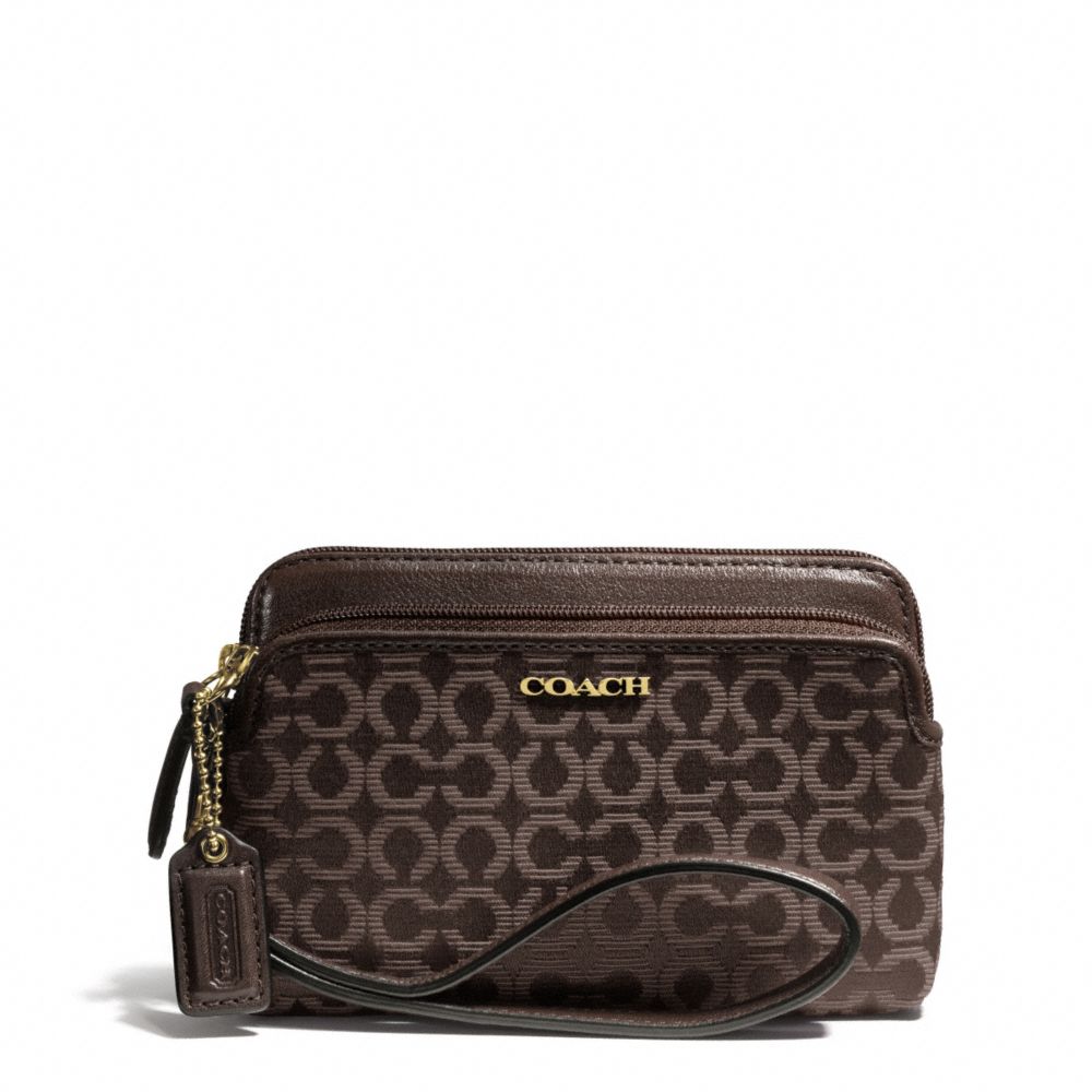 COACH F50392 MADISON DOUBLE ZIP WRISTLET IN NEEDLEPOINT OP ART FABRIC LIGHT-GOLD/MAHOGANY