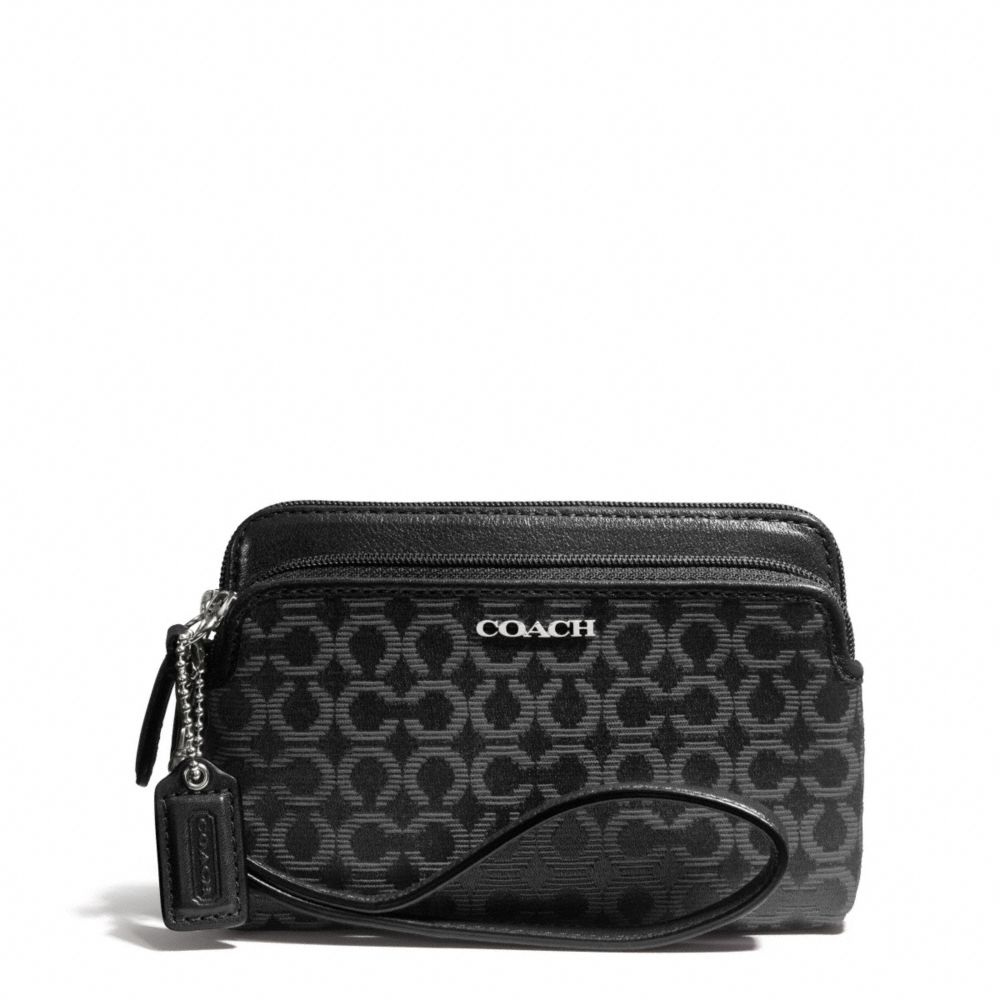 COACH F50392 Madison Double Zip Wristlet In Needlepoint Op Art Fabric SILVER/BLACK