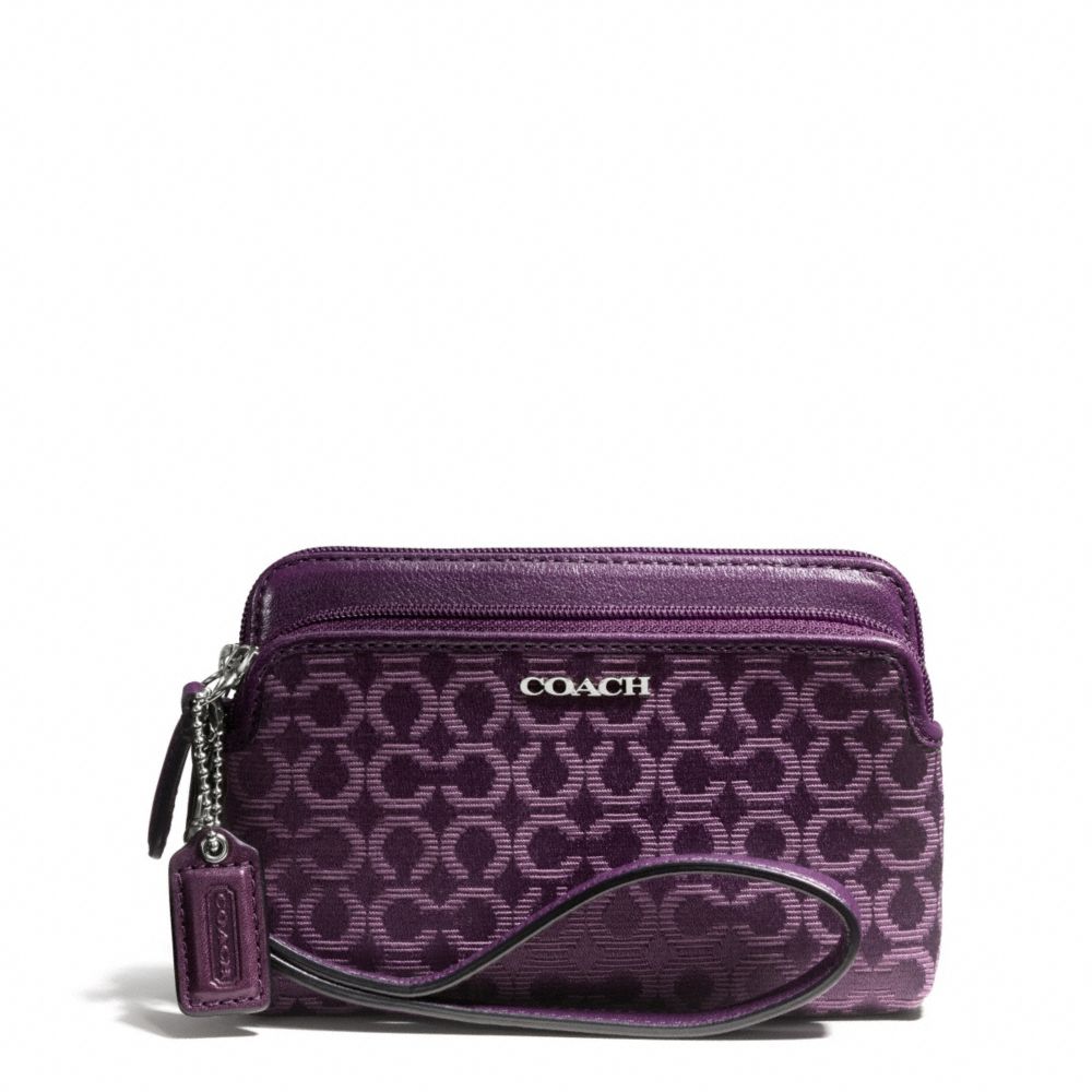 COACH F50392 Madison Double Zip Wristlet In Needlepoint Op Art Fabric SILVER/BLACK VIOLET