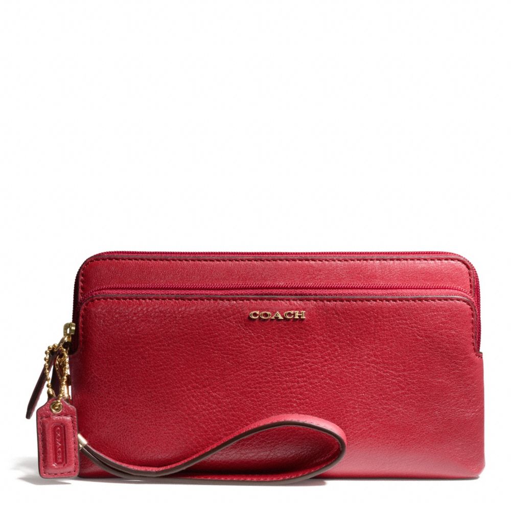 COACH MADISON LEATHER DOUBLE ZIP WALLET - LIGHT GOLD/SCARLET - F50468