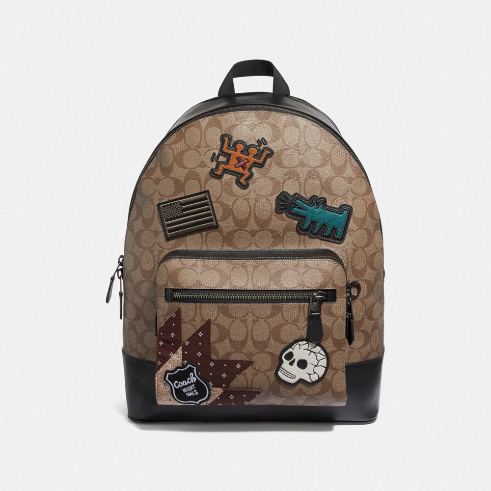 COACH F50484 Keith Haring West Backpack In Signature Canvas With Patches TAN/BLACK ANTIQUE NICKEL