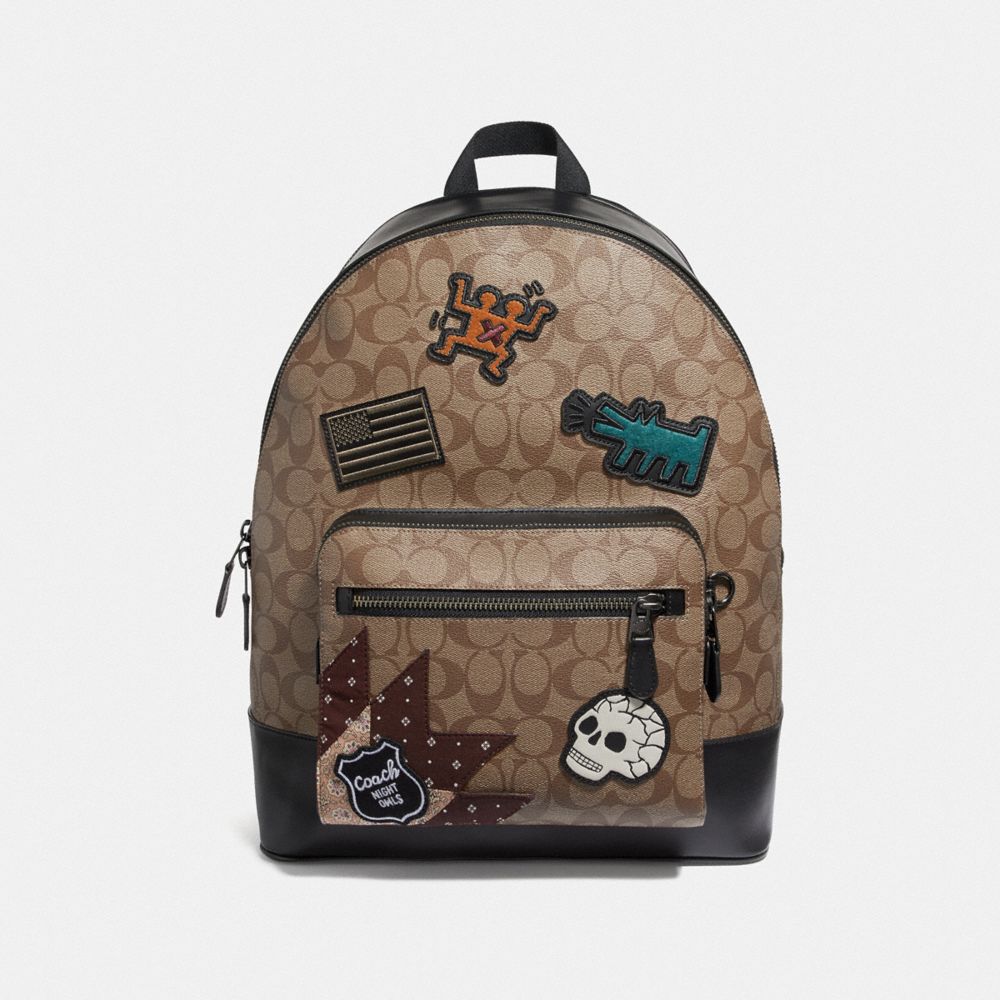 COACH KEITH HARING WEST BACKPACK IN SIGNATURE CANVAS WITH PATCHES - TAN/BLACK ANTIQUE NICKEL - F50484