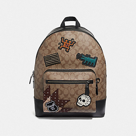 COACH KEITH HARING WEST BACKPACK IN SIGNATURE CANVAS WITH PATCHES - TAN/BLACK ANTIQUE NICKEL - F50484