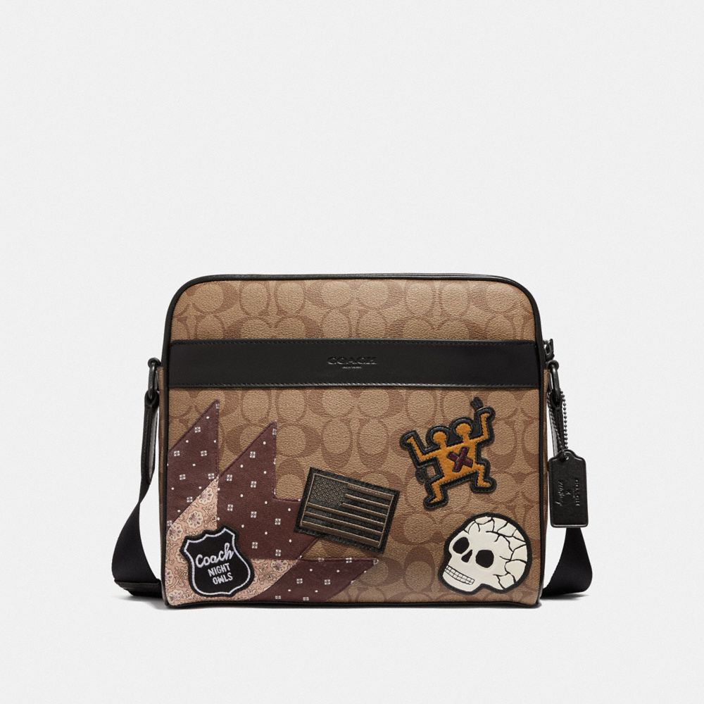 KEITH HARING CHARLES CAMERA BAG IN SIGNATURE CANVAS WITH PATCHES - F50485 - TAN/BLACK ANTIQUE NICKEL