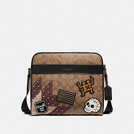COACH F50485 KEITH HARING CHARLES CAMERA BAG IN SIGNATURE CANVAS WITH PATCHES TAN/BLACK-ANTIQUE-NICKEL