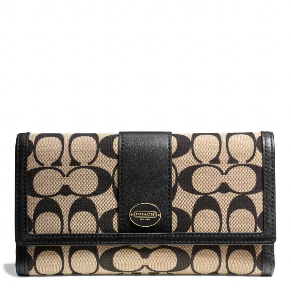 COACH F50488 PRINTED SIGNATURE CHECKBOOK WALLET BRASS/KHAKI-BLACK/BLACK