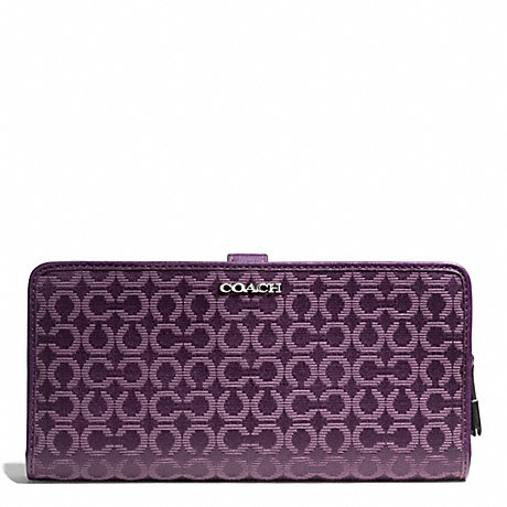 COACH f50520 MADISON NEEDLEPOINT OP ART FABRIC SKINNY WALLET SILVER/BLACK VIOLET