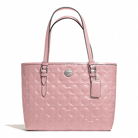 COACH f50540 PEYTON OP ART EMBOSSED PATENT TOP HANDLE TOTE SILVER/PINK TULLE